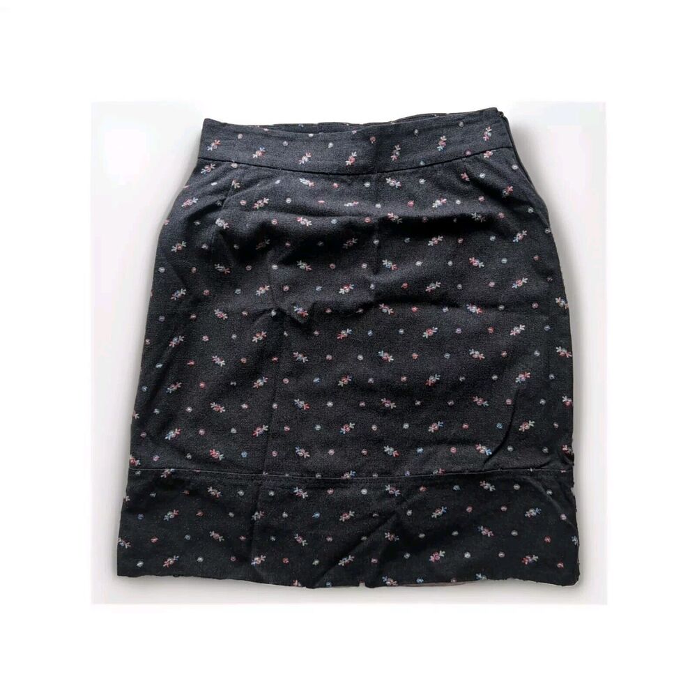 Anthropologie Odille (4) Grey Embroidered Wallfia Pink Floral Knee Length Skirt